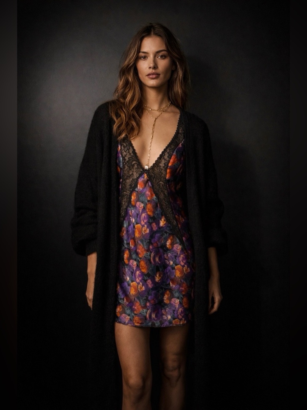 Floral Lace Trim Slip Dress in Purple & Orange